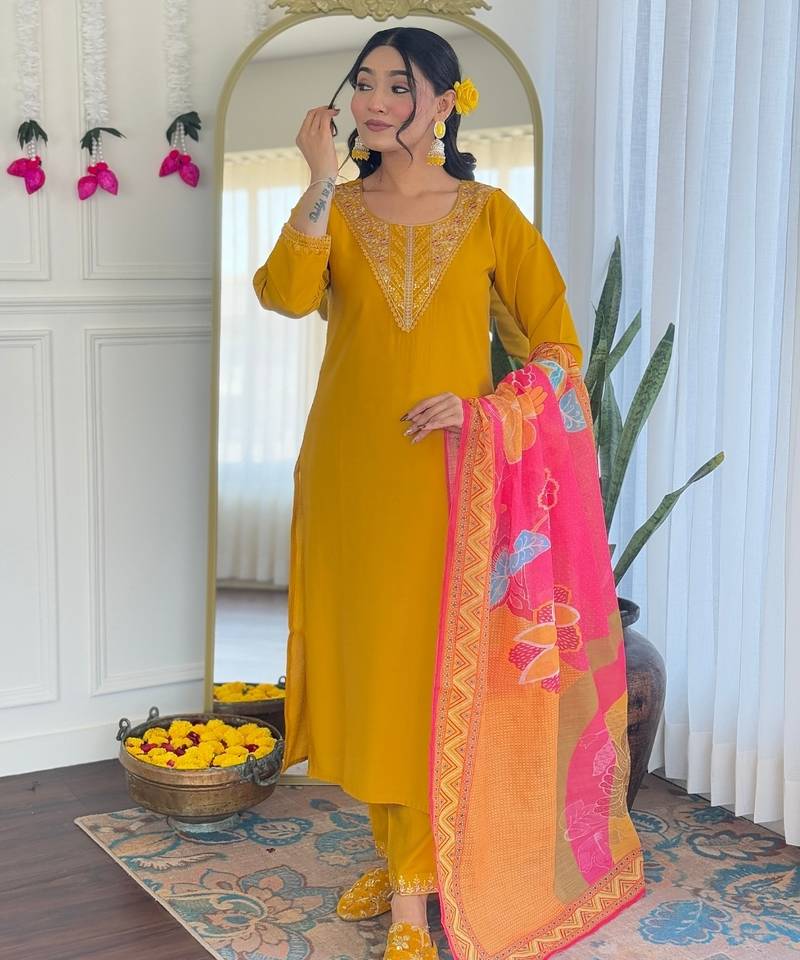 Mustard color chanderi silk embroidered suit
