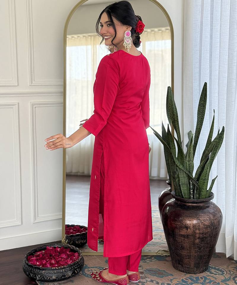 Hot pink color roman silk embroidered suit