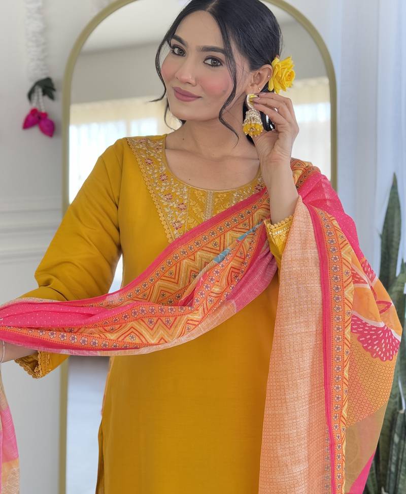 Mustard color chanderi silk embroidered suit