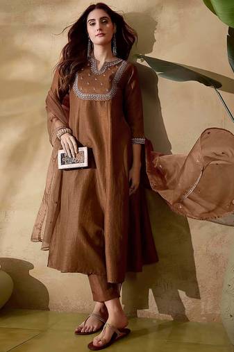 Brown color vichitra silk  anarkali suit