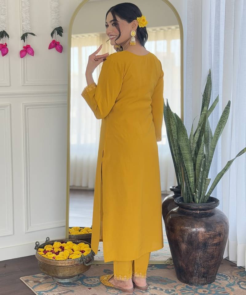 Mustard color chanderi silk embroidered suit