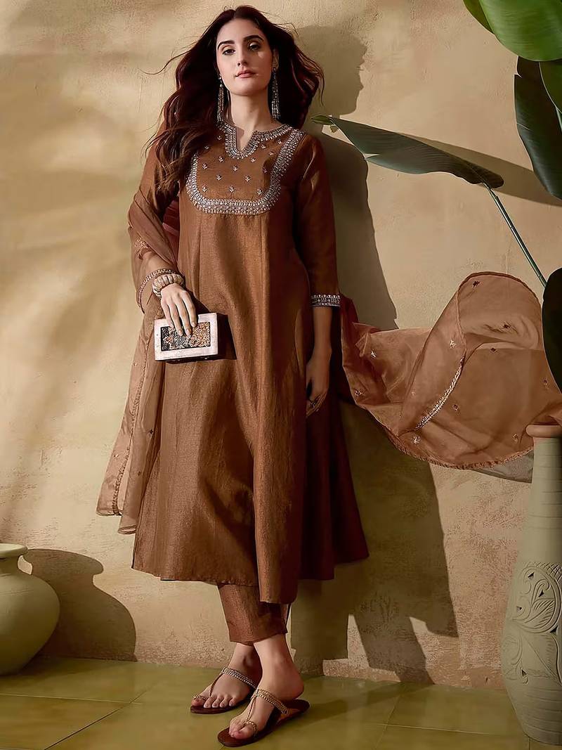 Brown color vichitra silk  anarkali suit