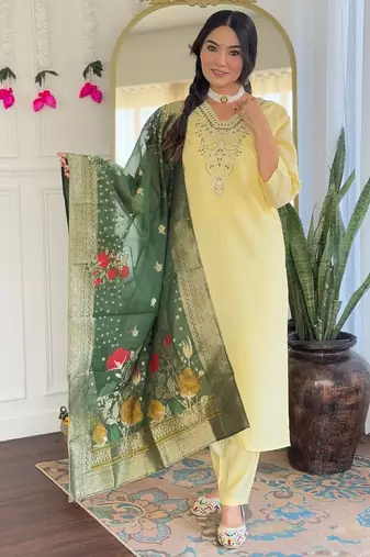 Light yellow chanderi viscose embroidered suit