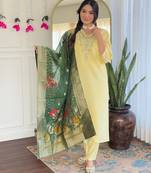 Light yellow chanderi viscose embroidered suit