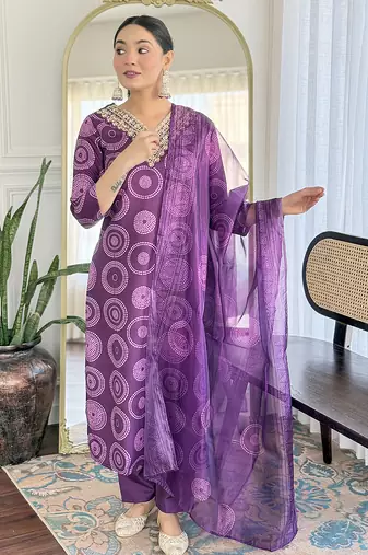Rayon printed salwar kameez in purple