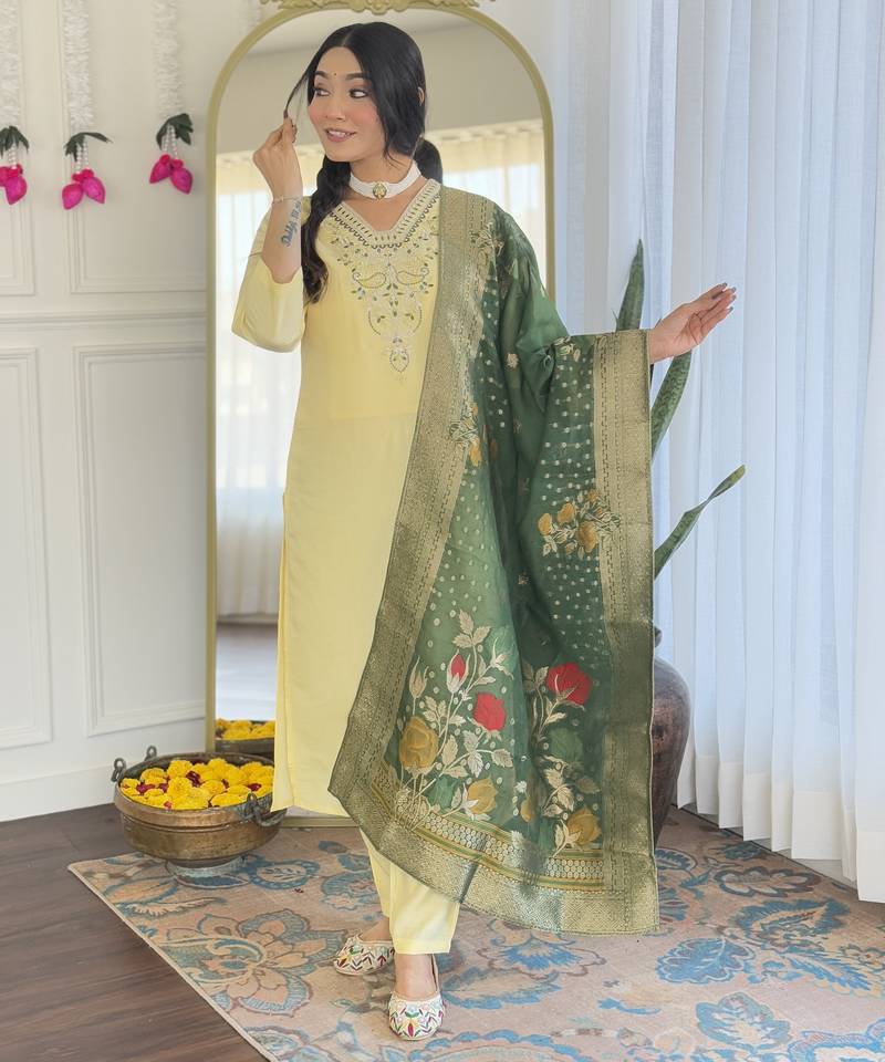 Light yellow chanderi viscose embroidered suit