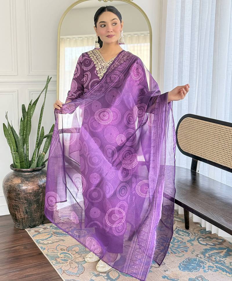 Rayon printed salwar kameez in purple