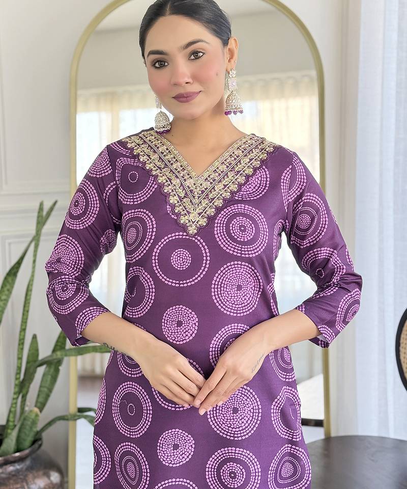 Rayon printed salwar kameez in purple