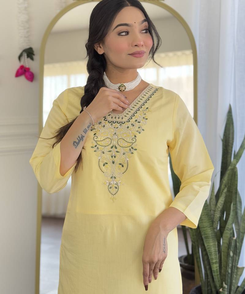 Light yellow chanderi viscose embroidered suit