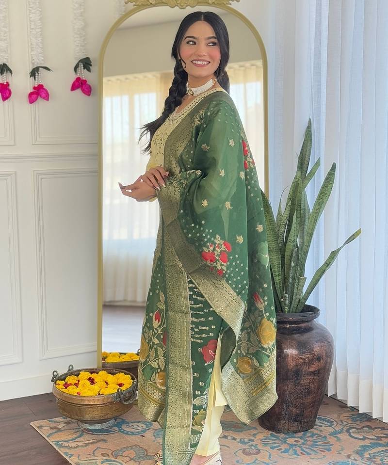 Light yellow chanderi viscose embroidered suit