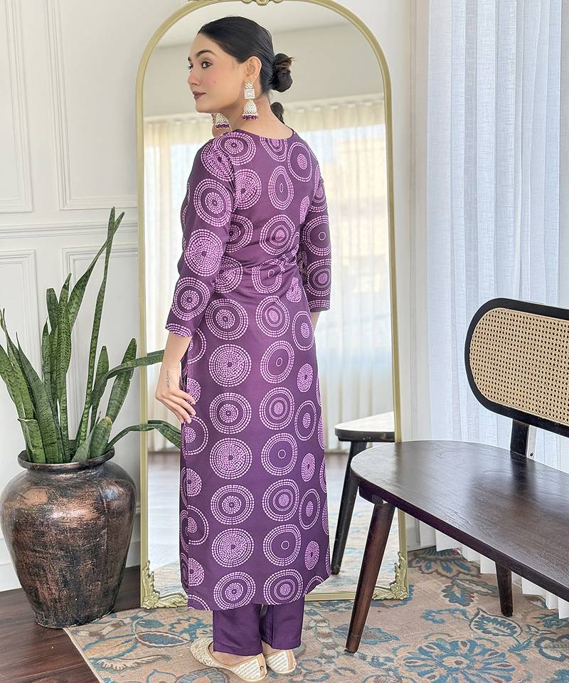 Rayon printed salwar kameez in purple