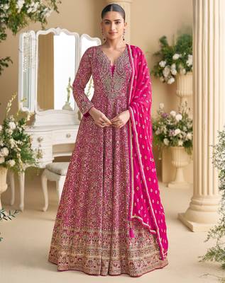 Pink embroidered georgette free size stitched anarkali suit 1