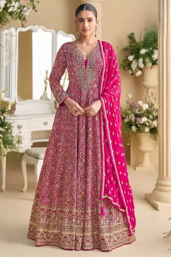 Pink embroidered georgette free size stitched anarkali suit
