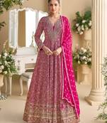 Pink embroidered georgette free size stitched anarkali suit