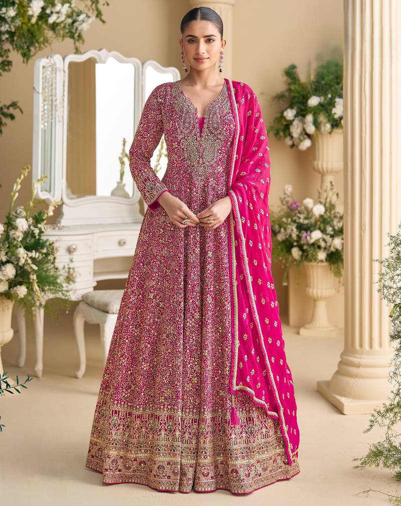 Pink embroidered georgette free size stitched anarkali suit