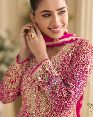 Pink embroidered georgette free size stitched anarkali suit 2