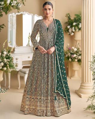 Green embroidered georgette free size stitched anarkali suit 1
