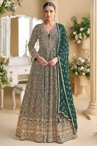 Green embroidered georgette free size stitched anarkali suit