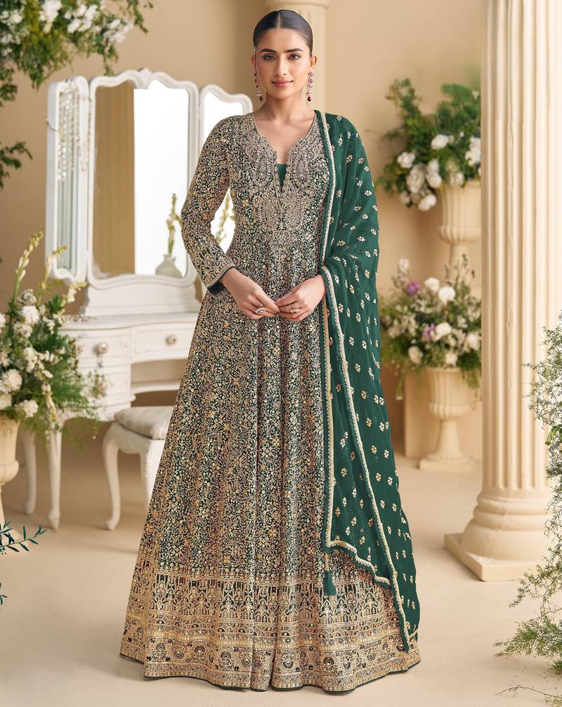 Green embroidered georgette free size stitched anarkali suit