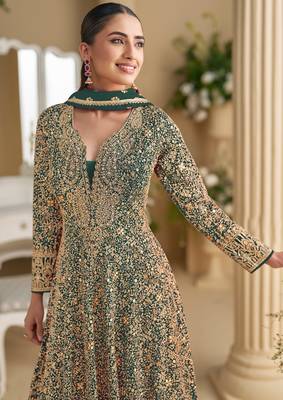 Green embroidered georgette free size stitched anarkali suit 2