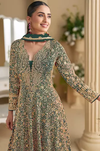 Green embroidered georgette free size stitched anarkali suit