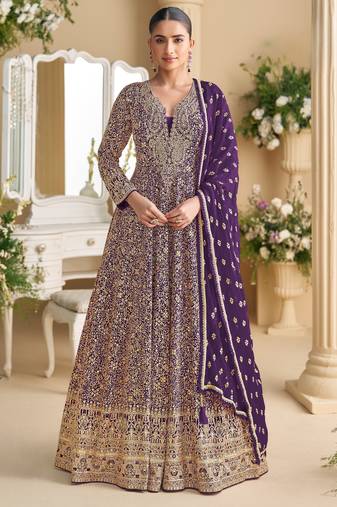 Purple embroidered georgette free size stitched anarkali suit
