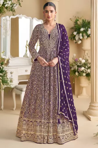 Purple embroidered georgette free size stitched anarkali suit
