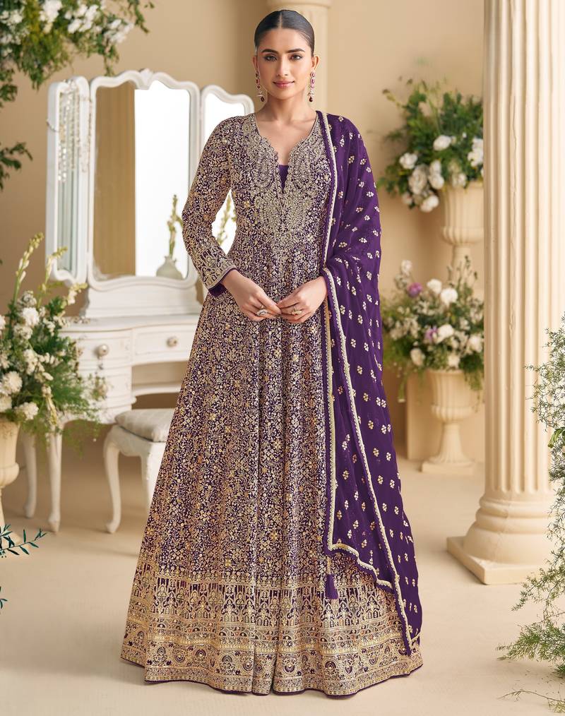 Purple embroidered georgette free size stitched anarkali suit