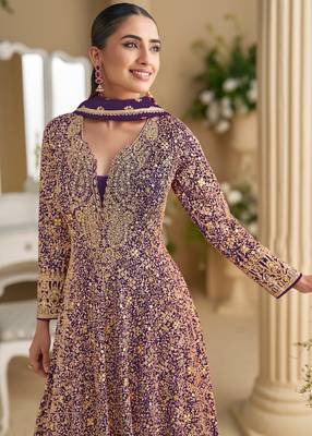 Purple embroidered georgette free size stitched anarkali suit 2