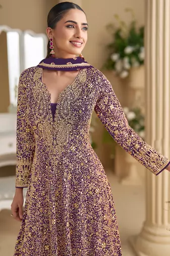 Purple embroidered georgette free size stitched anarkali suit