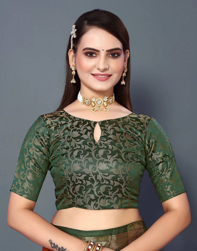 Lime Jacquard Soft Aura Silk Woven Saree With Silk Blouse Piece