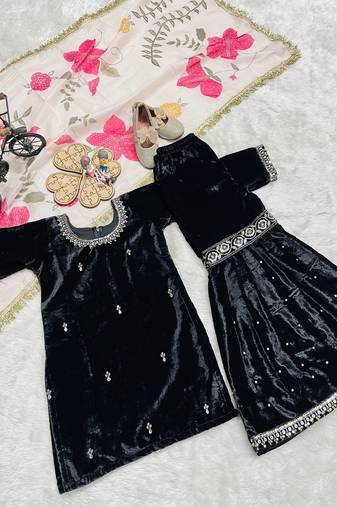 Velvet haevy embroidery sequence black readymade salwar suit