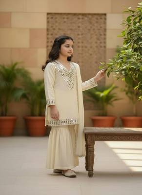 Trendy silk print and silver mirror  work cream readymade salwar suit 1
