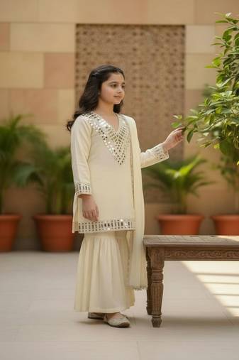 Trendy silk print and silver mirror  work cream readymade salwar suit