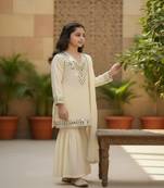 Trendy silk print and silver mirror  work cream readymade salwar suit