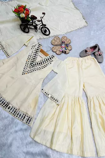 Trendy silk print and silver mirror  work cream readymade salwar suit