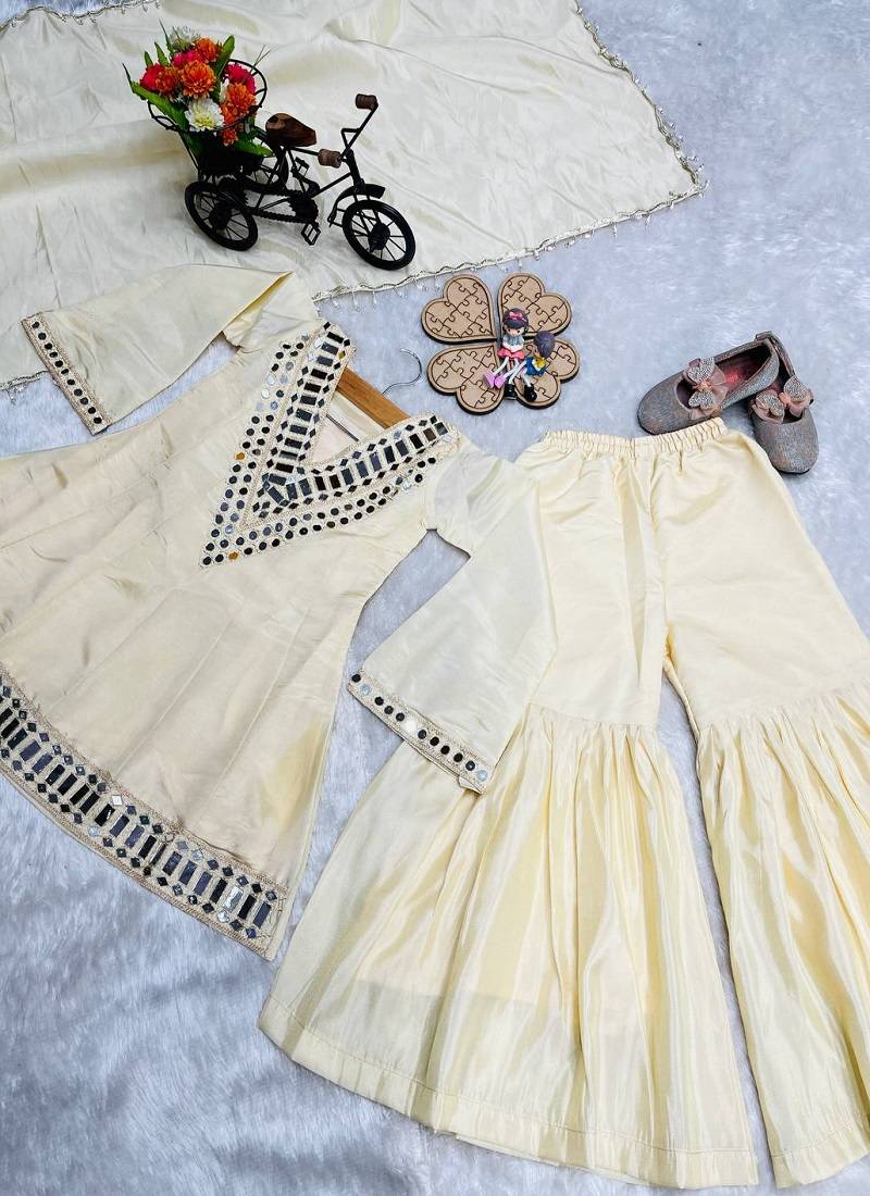 Trendy silk print and silver mirror  work cream readymade salwar suit