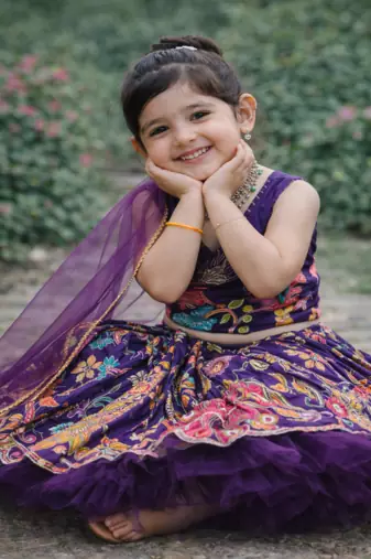 Pure heavy crep print and embroidery  work purple readymade lahnega choli