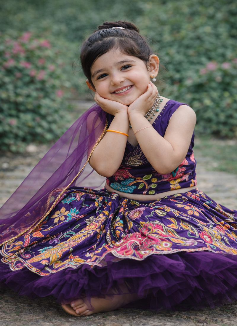 Pure heavy crep print and embroidery  work purple readymade lahnega choli