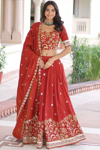 Fabulous Orange Sequins Silk Engagement Wear Lehenga Choli