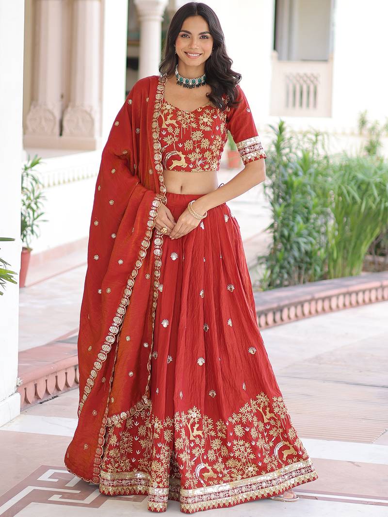 Fabulous Orange Sequins Silk Engagement Wear Lehenga Choli