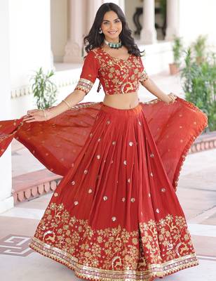 Fabulous Orange Sequins Silk Engagement Wear Lehenga Choli 3