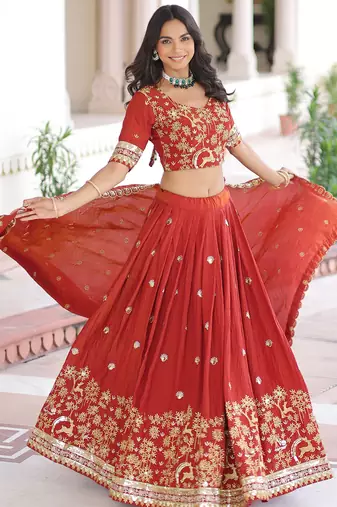 Fabulous Orange Sequins Silk Engagement Wear Lehenga Choli