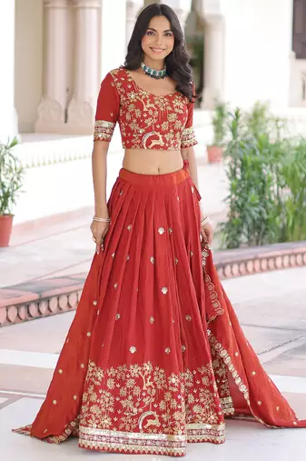 Fabulous Orange Sequins Silk Engagement Wear Lehenga Choli