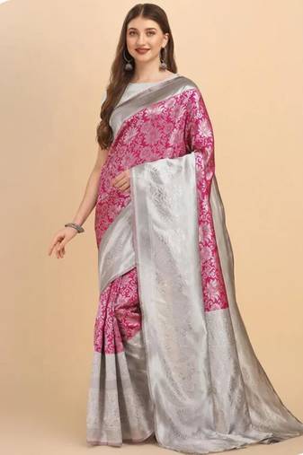 Elegant fuchsia pink and silver silk blend festive saree