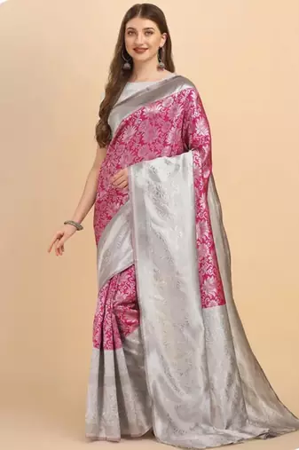 Elegant fuchsia pink and silver silk blend festive saree