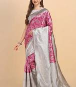 Elegant fuchsia pink and silver silk blend festive saree