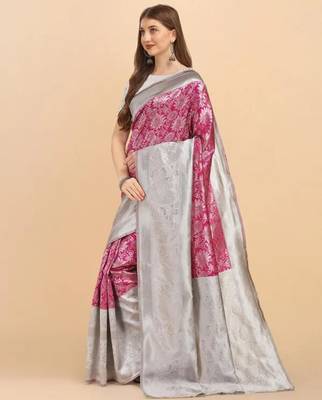 Elegant fuchsia pink and silver silk blend festive saree 5