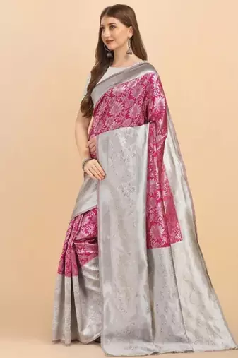 Elegant fuchsia pink and silver silk blend festive saree
