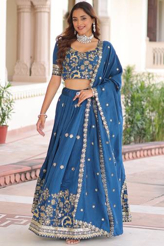 Attractive Teal Blue Thread Embroidered Silk Wedding Lehenga Choli
